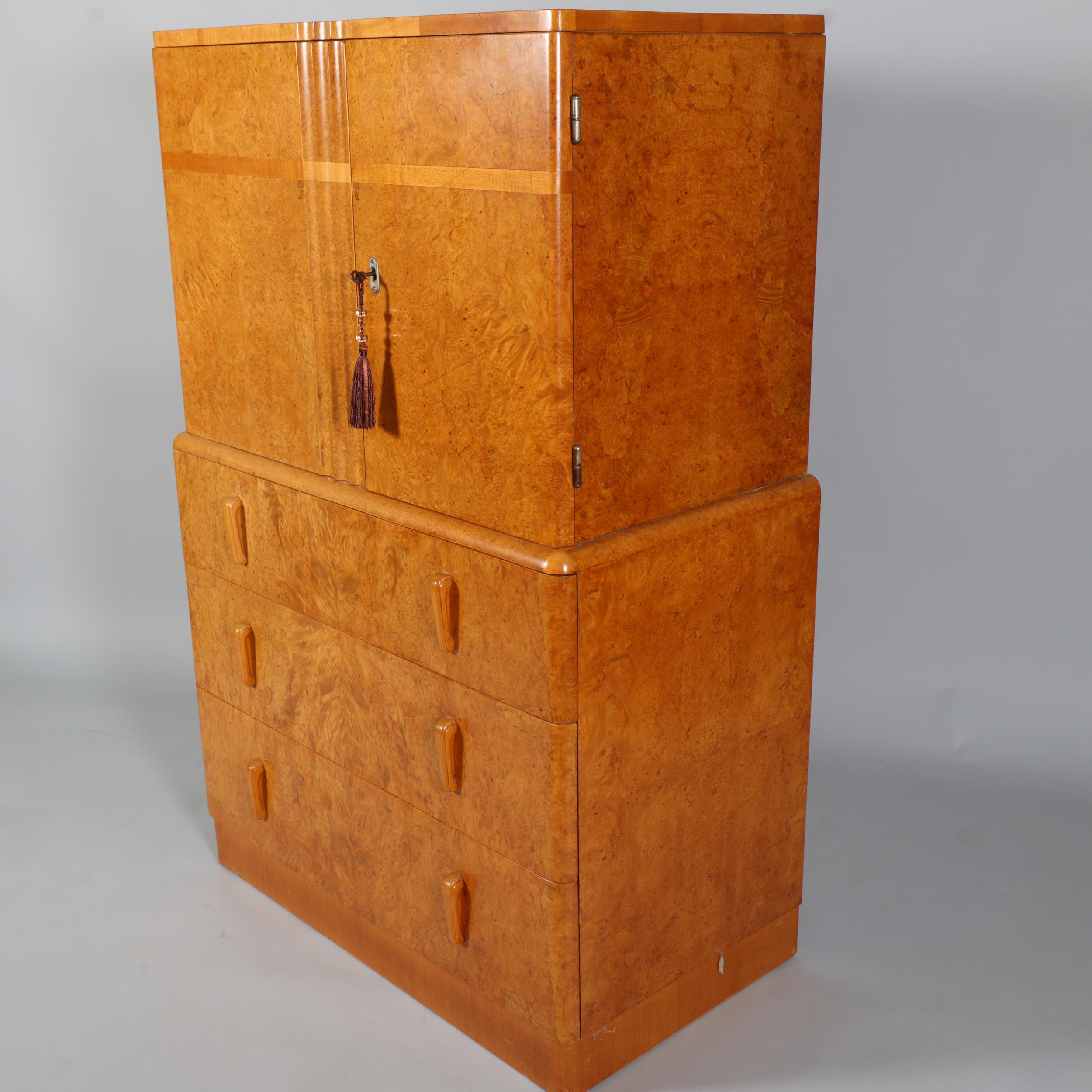 Art Deco birdseye maple tallboy, 2 doors above enclosing shelved interior with 3 long drawers - Image 3 of 5