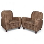 Pair of Art Deco style upholstered armchairs, overall arm width 82cm