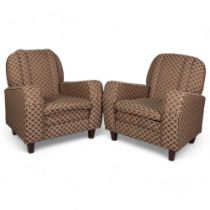 Pair of Art Deco style upholstered armchairs, overall arm width 82cm