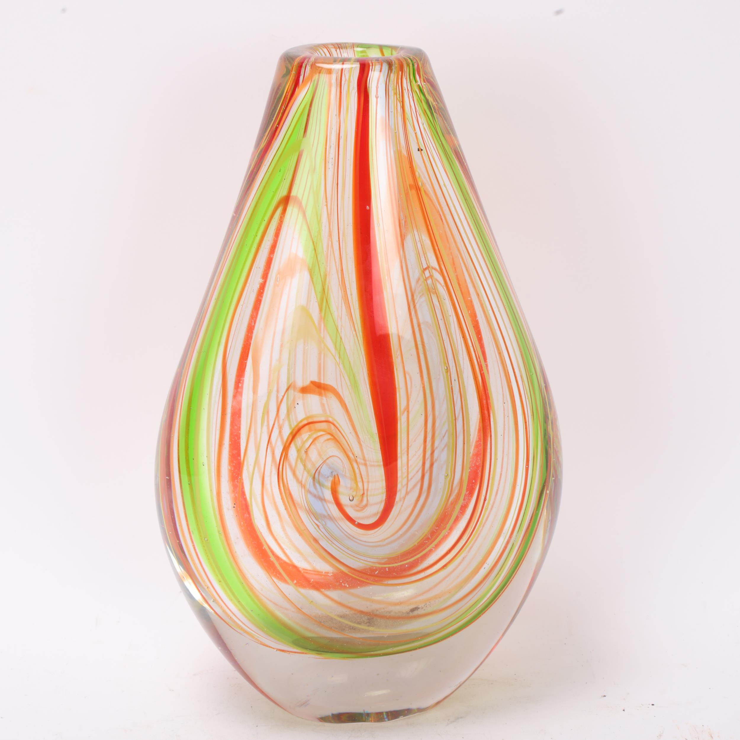 A large Mid 20th century tear drop vase, with red/green tone internal swirling glass, height 30cm - Image 2 of 3