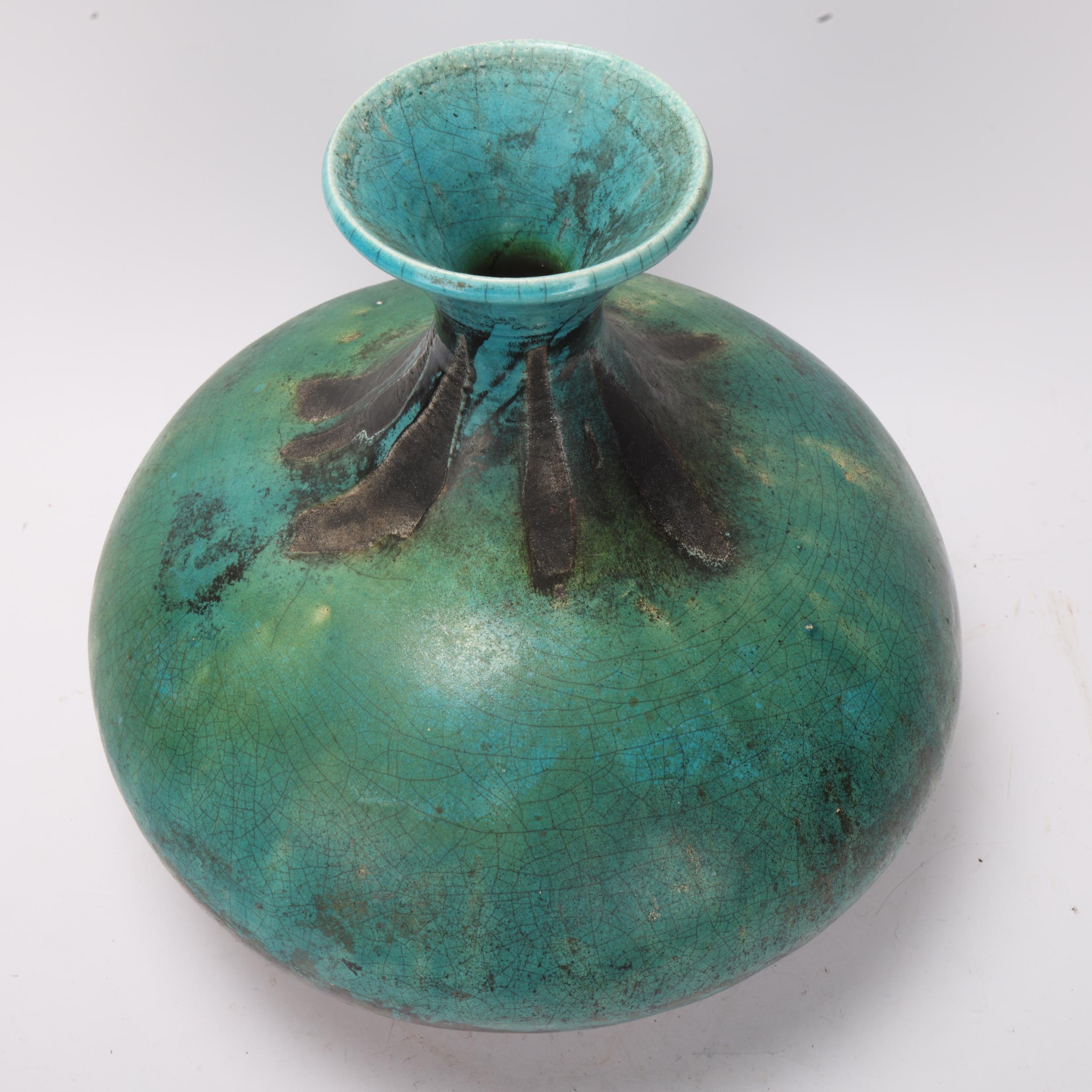 MYRA WISHART, a large raku studio pottery vase, with turquoise and lustre glaze, label and makers - Image 3 of 3