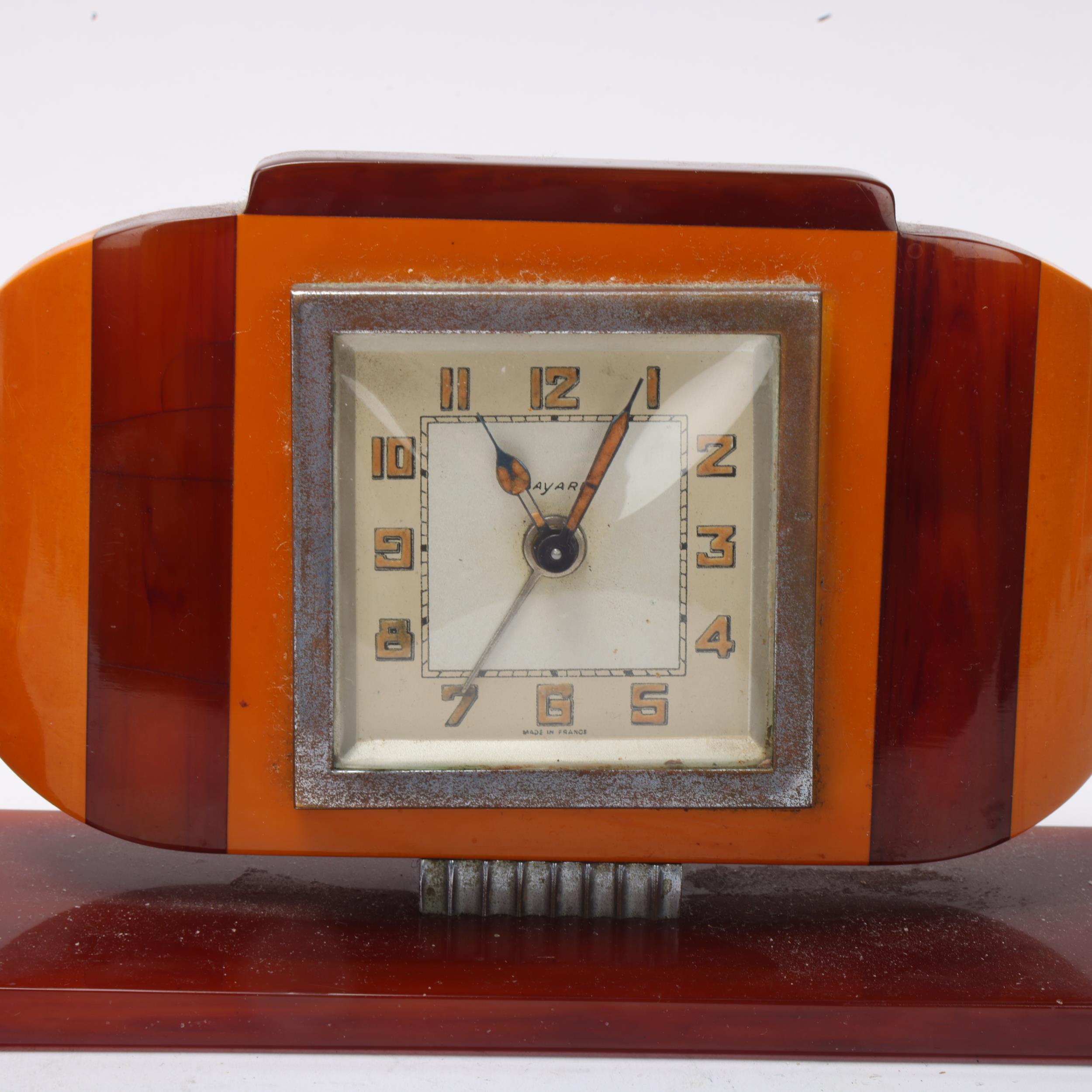 2 Art Deco mantel clocks, comprising a Bayard two-colour Bakelite-cased 8-day clock, length 17cm, - Image 2 of 3