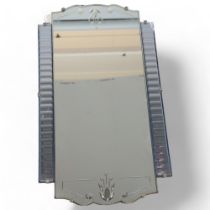 Art Deco pale blue/clear glass wall mirror, height 69cm, width 39cm