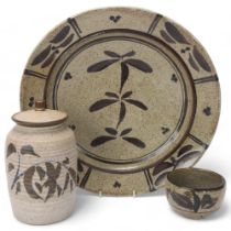 3 pieces of stoneware studio pottery with brush work decoration, storage jar stamped "TR", tea-