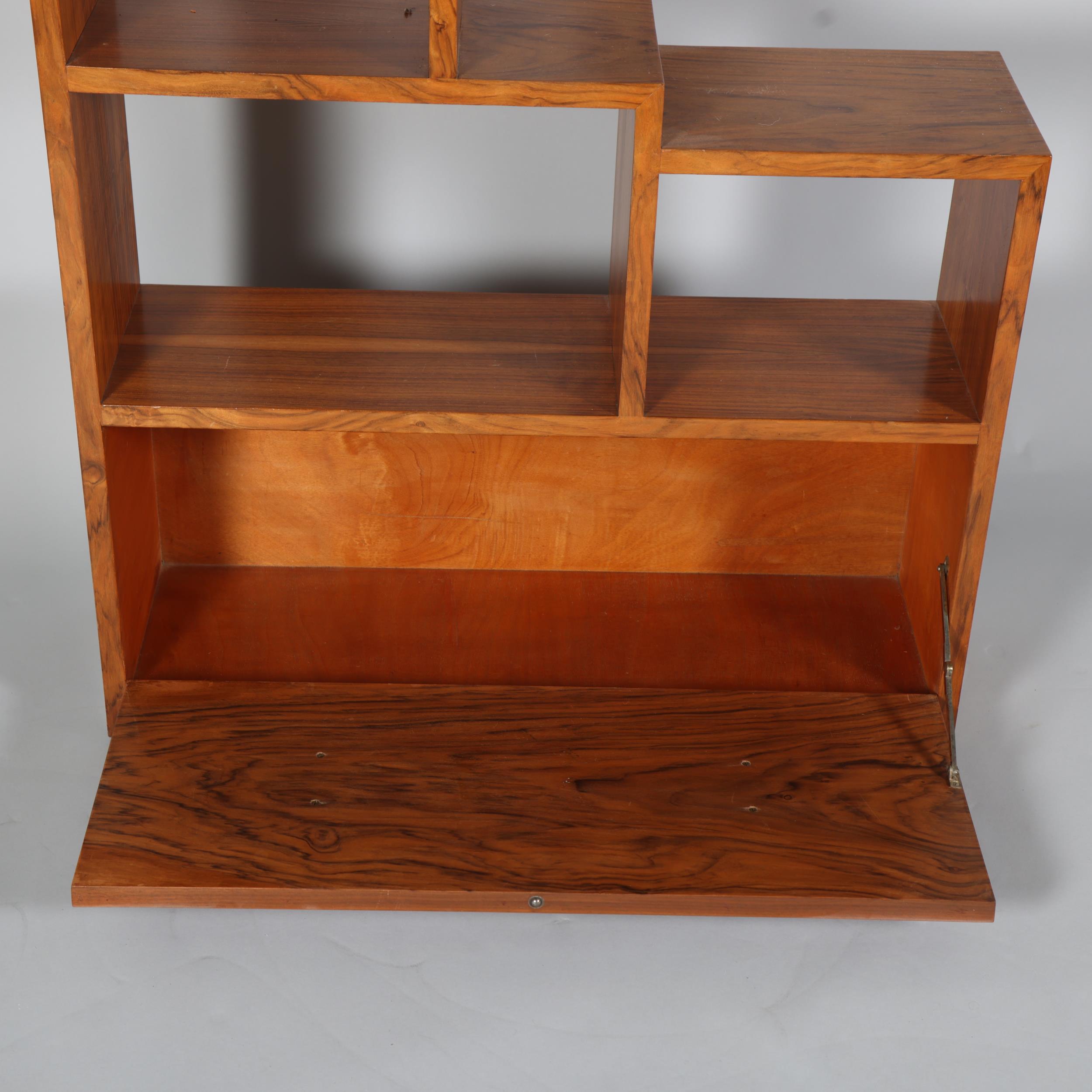 Art Deco walnut stepped open bookcase with drop-front cupboard below, width 77cm, height 107cm - Image 3 of 4
