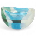 Svaja Glass, a large hand blown blue/green glass bowl, with original label and makers signature to
