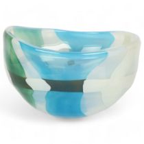 Svaja Glass, a large hand blown blue/green glass bowl, with original label and makers signature to