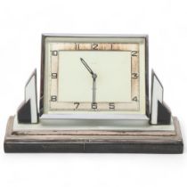 Smiths Art Deco silver black and white enamel and chrome cased mantel clock, 8-day movement with