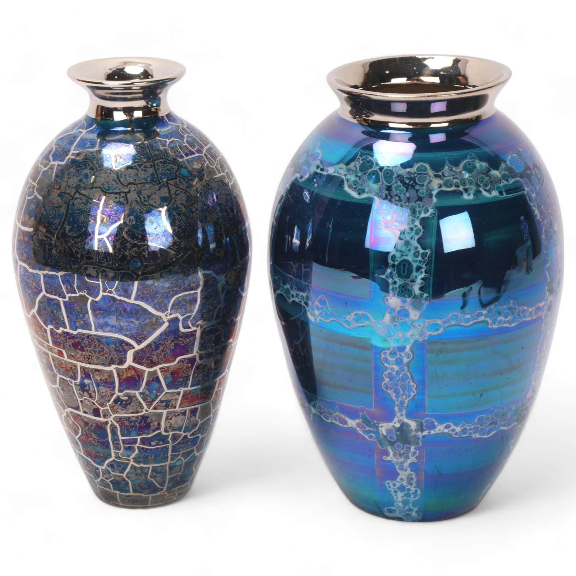 CAROLINE & STEPHEN ATKINSON-JONES, a pair of slip-cast trumpet vases, with silver lustre glaze,