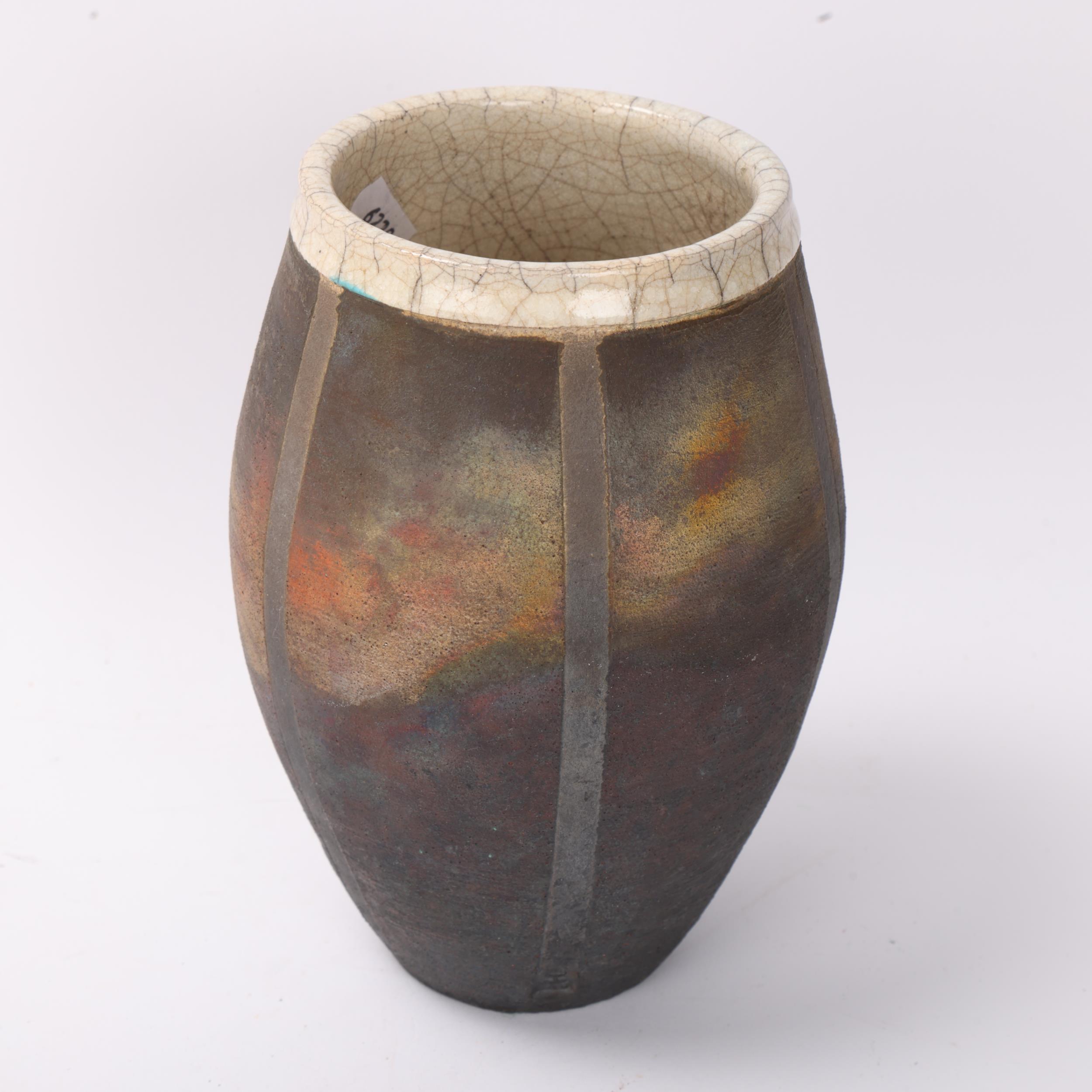 A studio pottery raku fired barrel vase, with resist stripes and crackle glaze interior, makers mark - Image 3 of 3