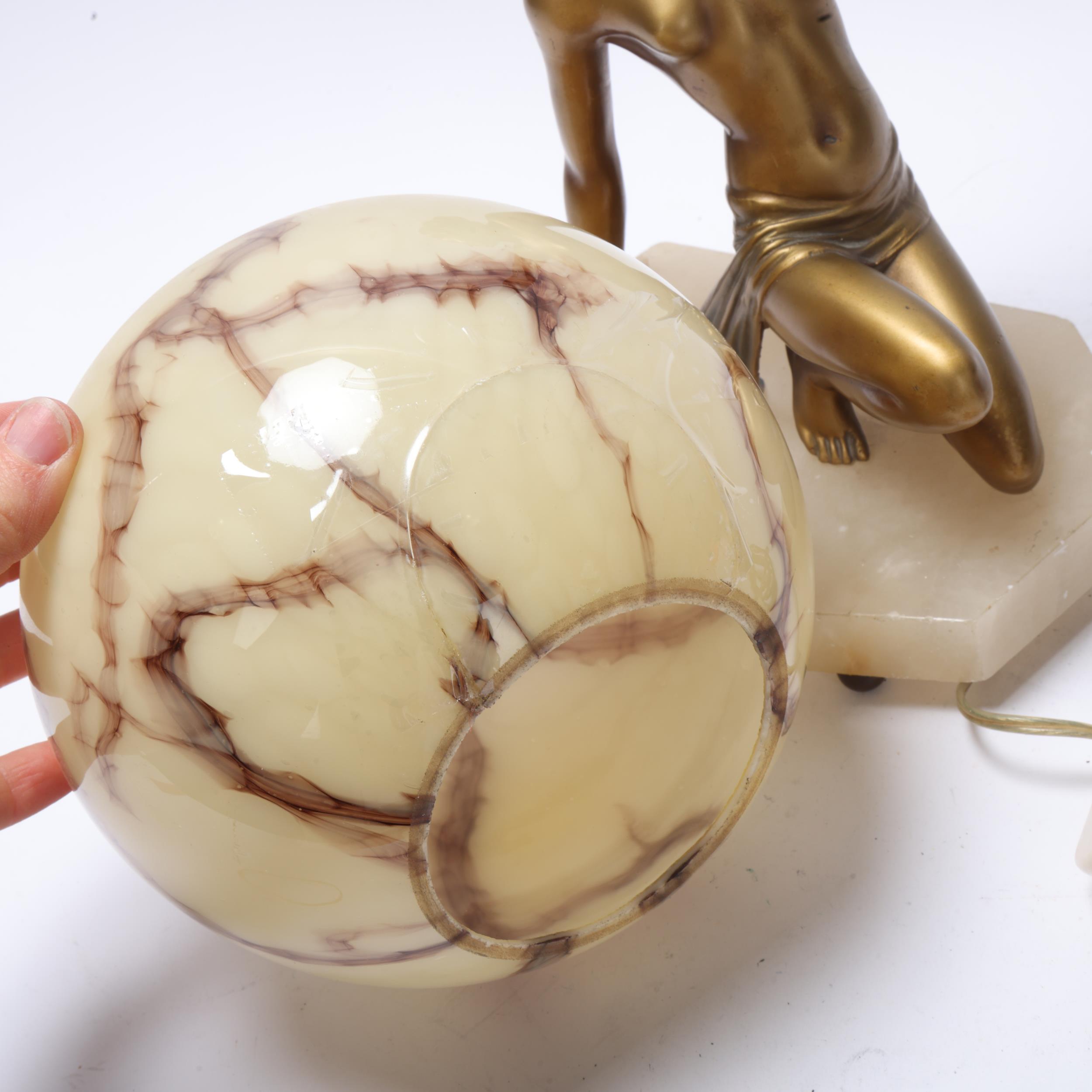 Art Deco gilded spelter and alabaster table lamp, the ball-shaped coloured glass shade supported - Image 3 of 3