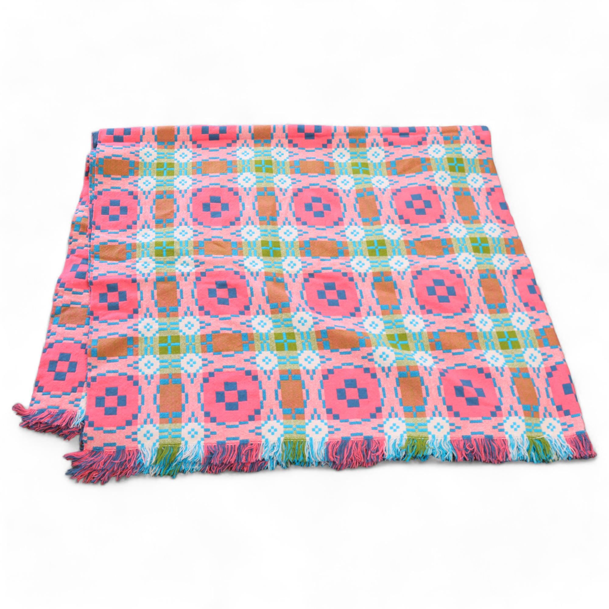 A Welsh Blanket, reversible in pink/green/blue wool, no makers label, 240 x 195cm Good condition