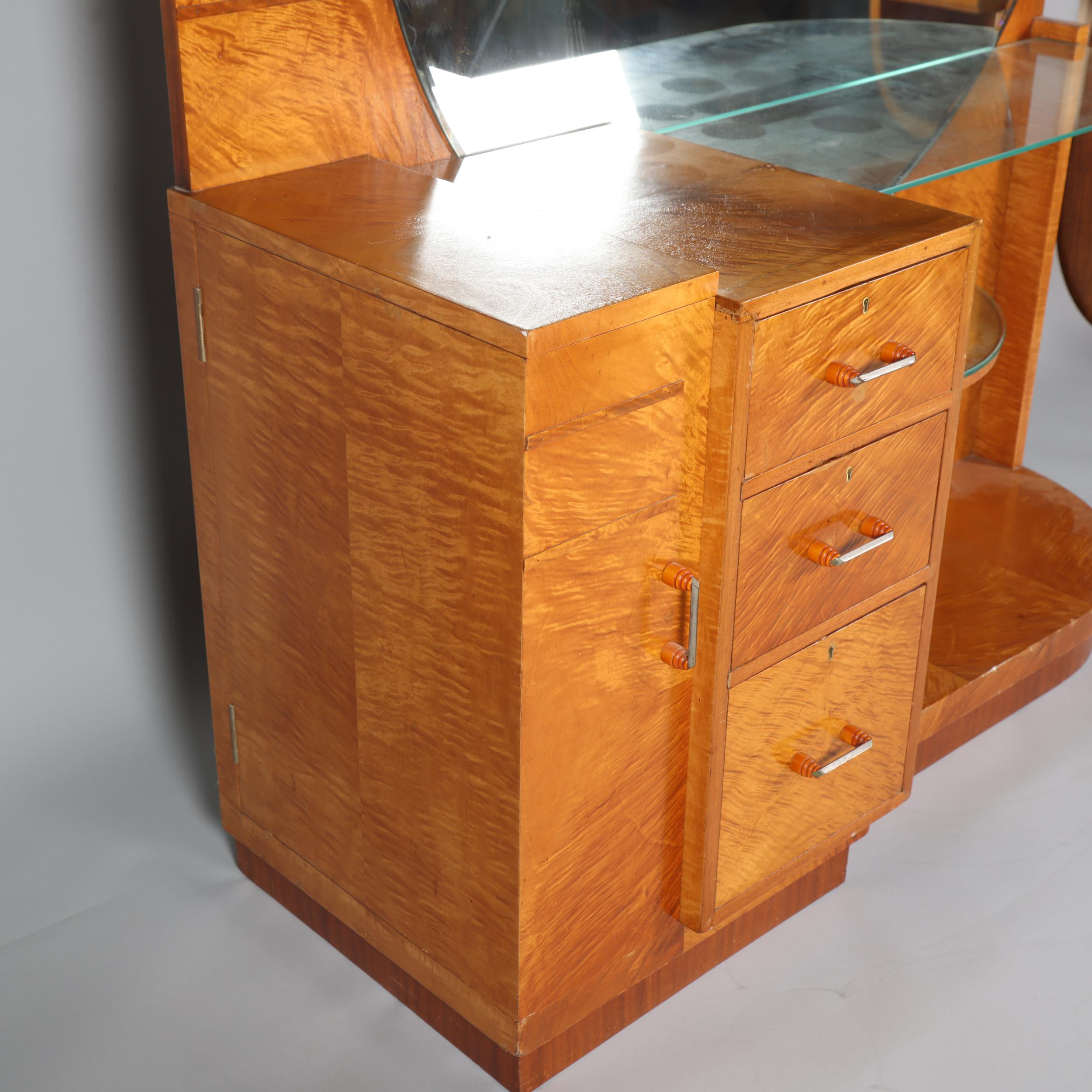 Art Deco satinwood dressing table, circa 1920, circular mirror-back with end cupboard, central 3- - Image 2 of 6