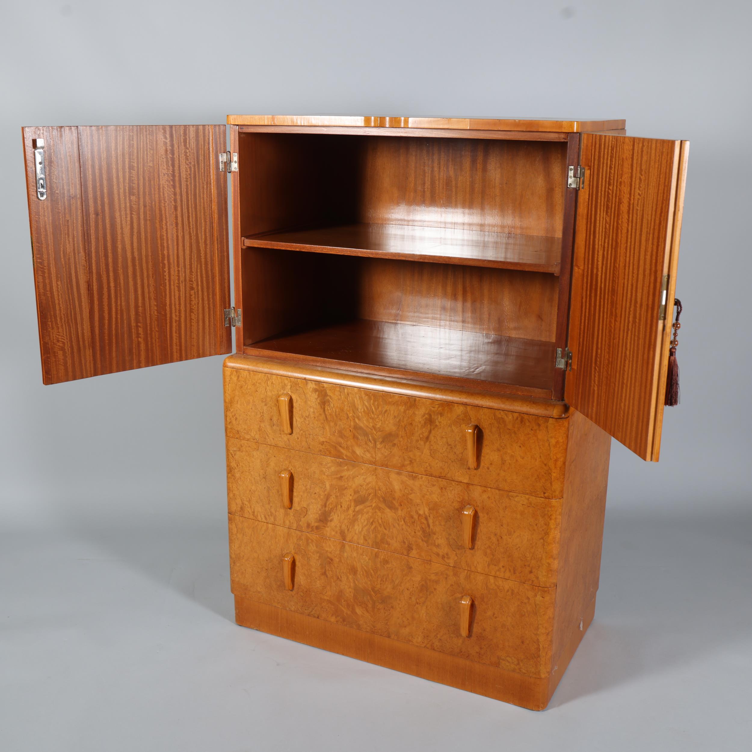 Art Deco birdseye maple tallboy, 2 doors above enclosing shelved interior with 3 long drawers - Image 2 of 5