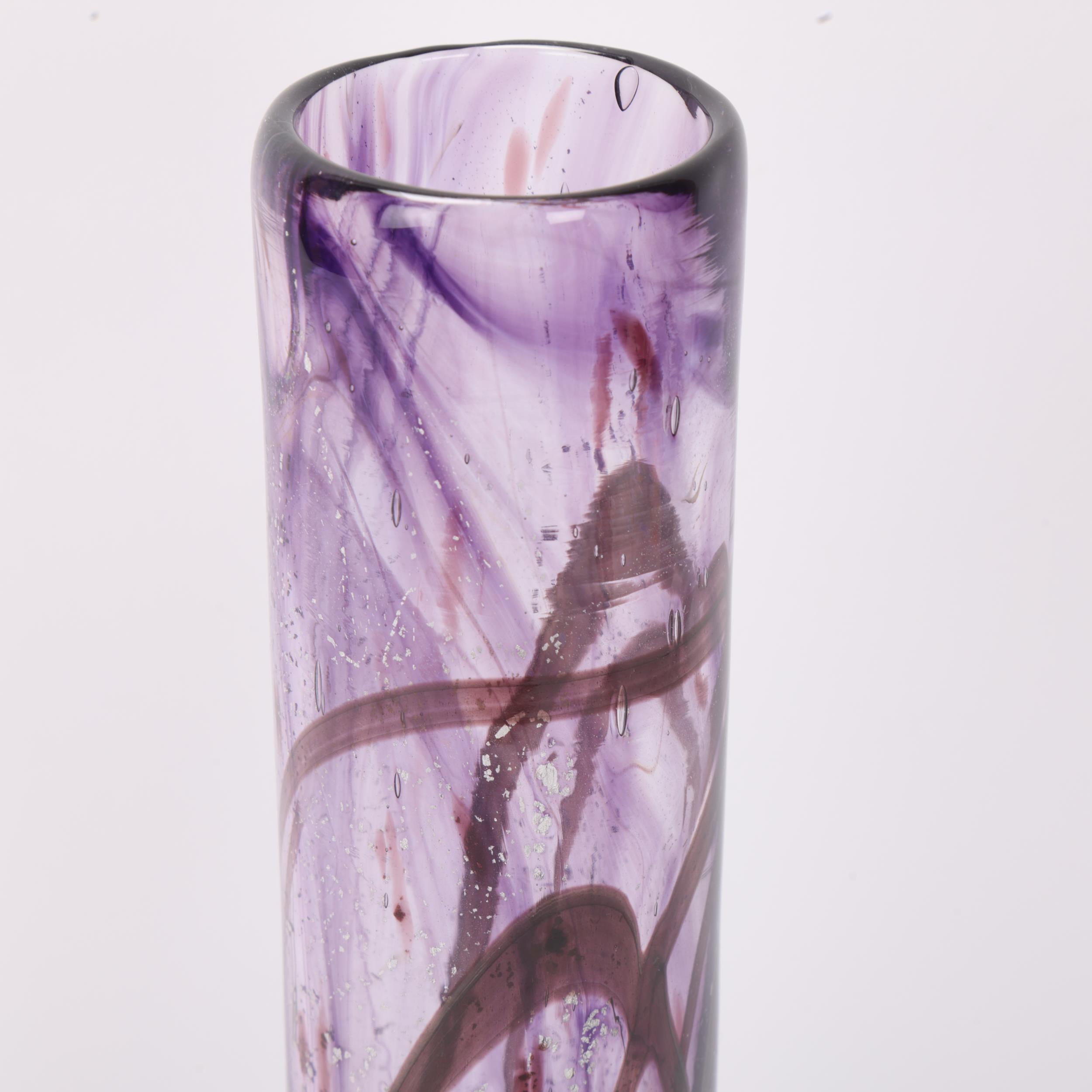 NIKKI WILLIAMS, a studio glass purple and silver leaf cylinder vase, signed to base, 32.5cm Very - Image 3 of 3