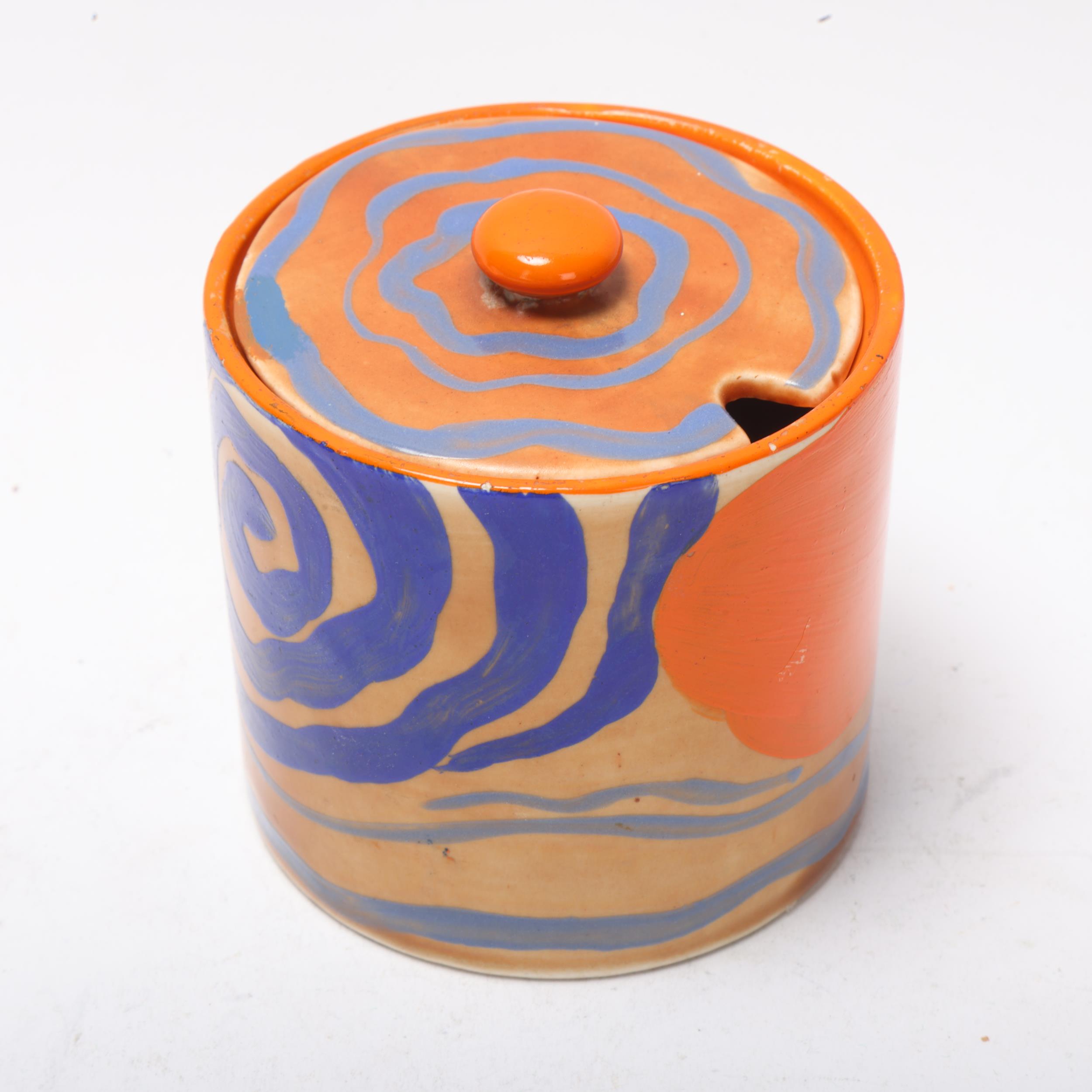 Clarice Cliff Catano drum-shaped preserve pot and cover, height 8cm Good condition, no chips - Image 2 of 3