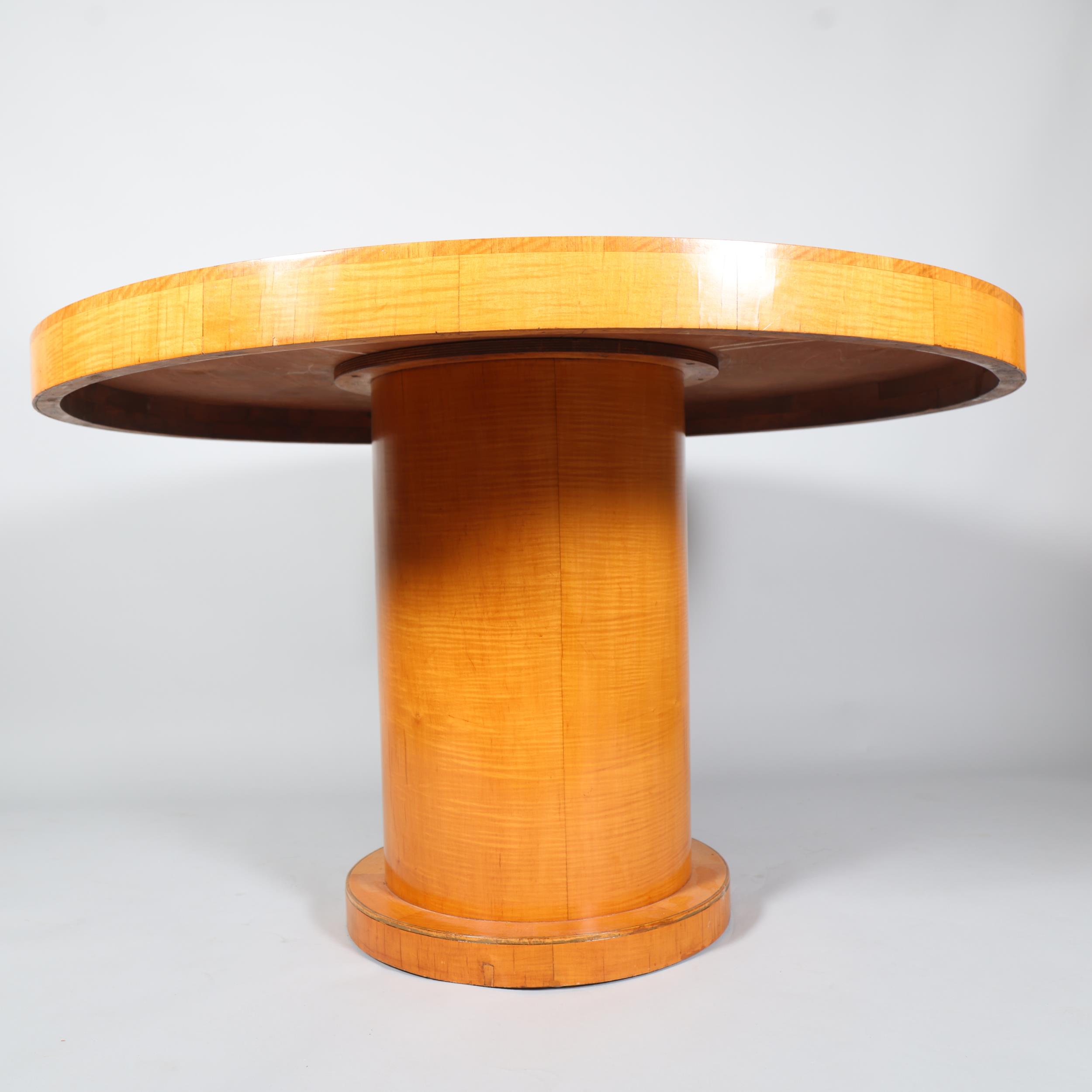 Art Deco satinwood and walnut dining suite, comprising circular table on drum-shaped base, - Image 8 of 10