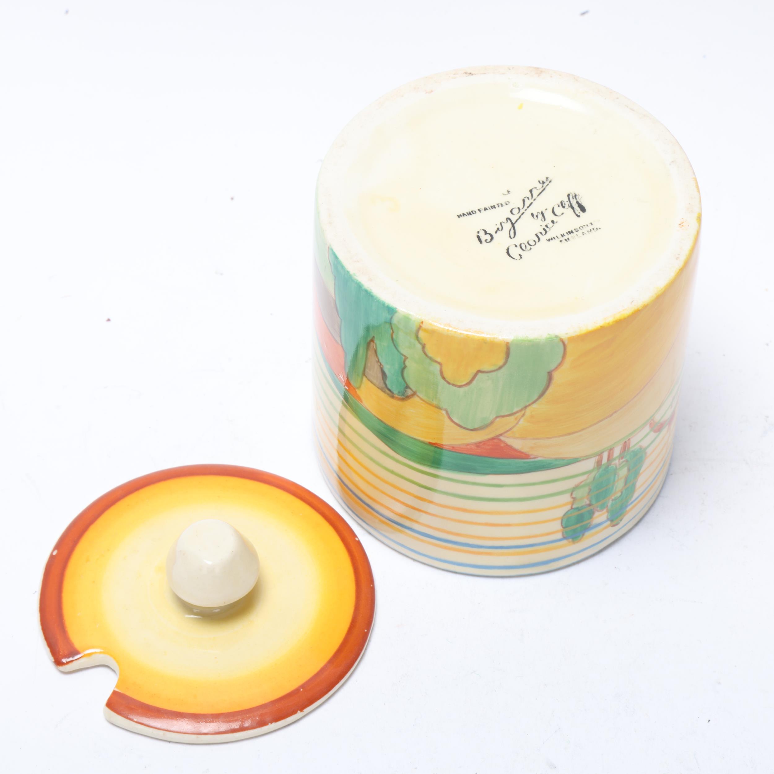 Clarice Cliff Bizarre drum-shaped preserve pot and cover, height 9cm Good condition, no chips cracks - Image 2 of 3