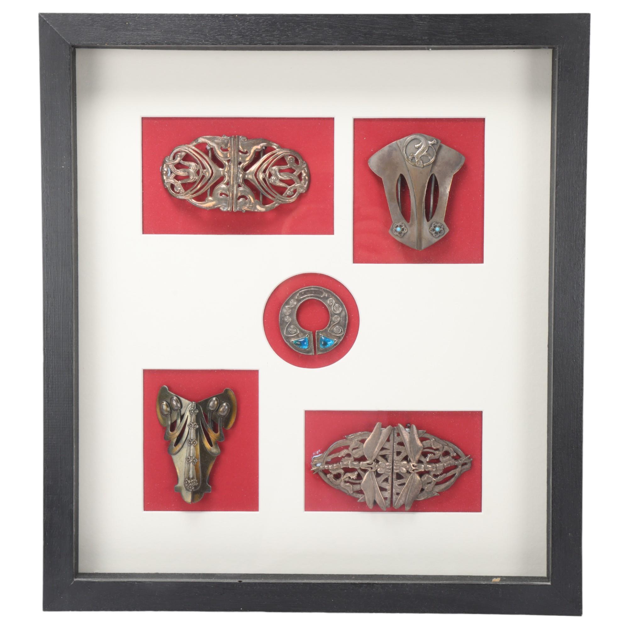 5 Art Nouveau buckles, mounted in good quality modern frame, overall frame dimensions 42cm x 38cm