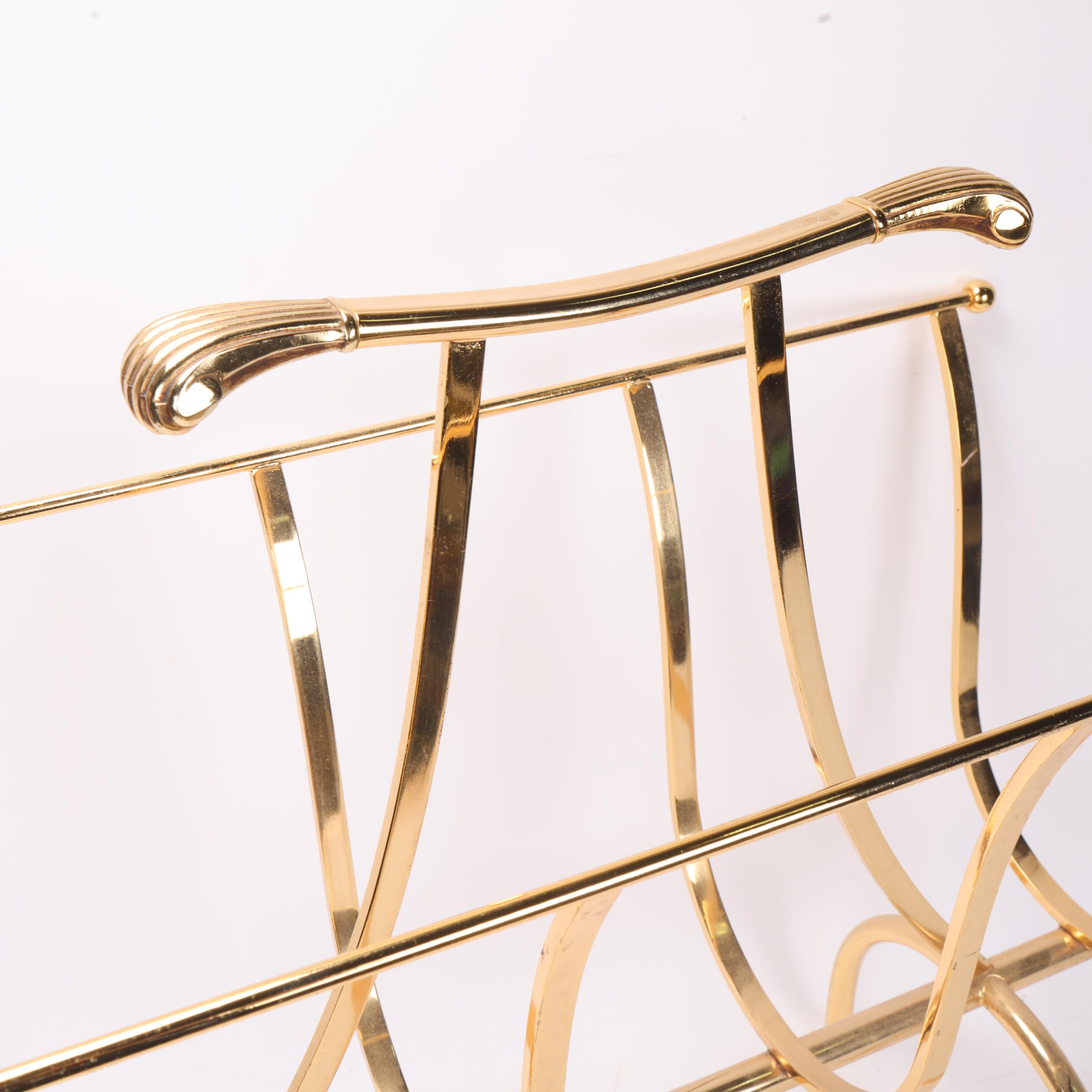 A vintage Hollywood Regency style magazine rack, gilt metal with scrolled handles, height 50cm, - Image 2 of 3