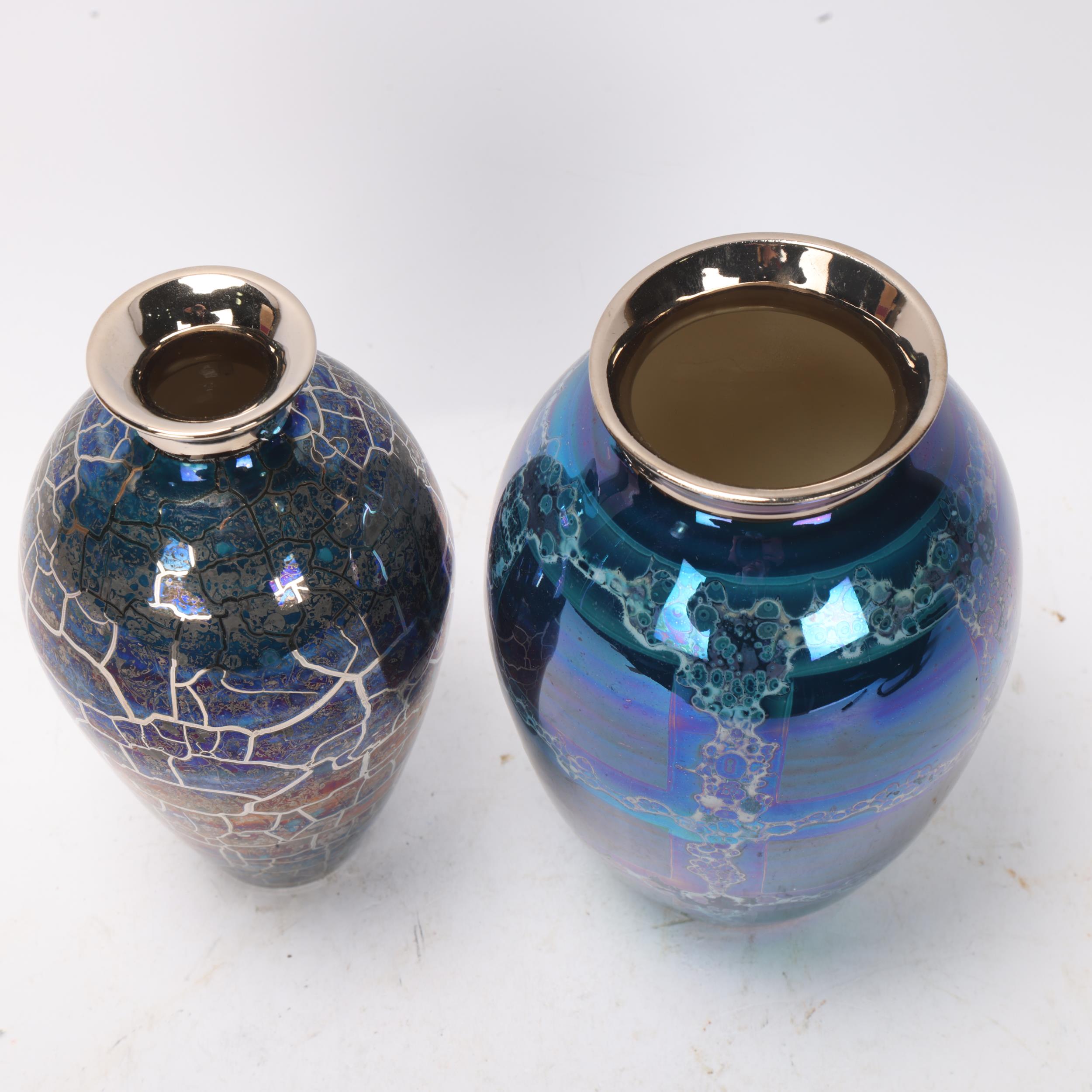 CAROLINE & STEPHEN ATKINSON-JONES, a pair of slip-cast trumpet vases, with silver lustre glaze, - Image 2 of 3