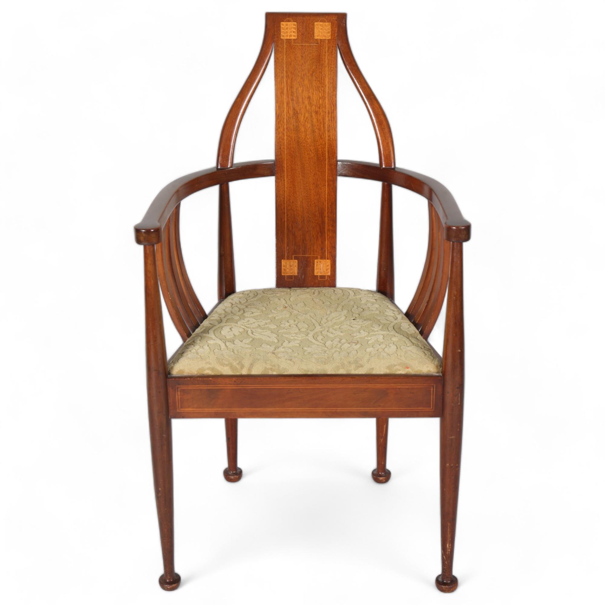 Scottish Art Nouveau mahogany bow-arm hall chair, with marquetry inlaid back, height 97cm
