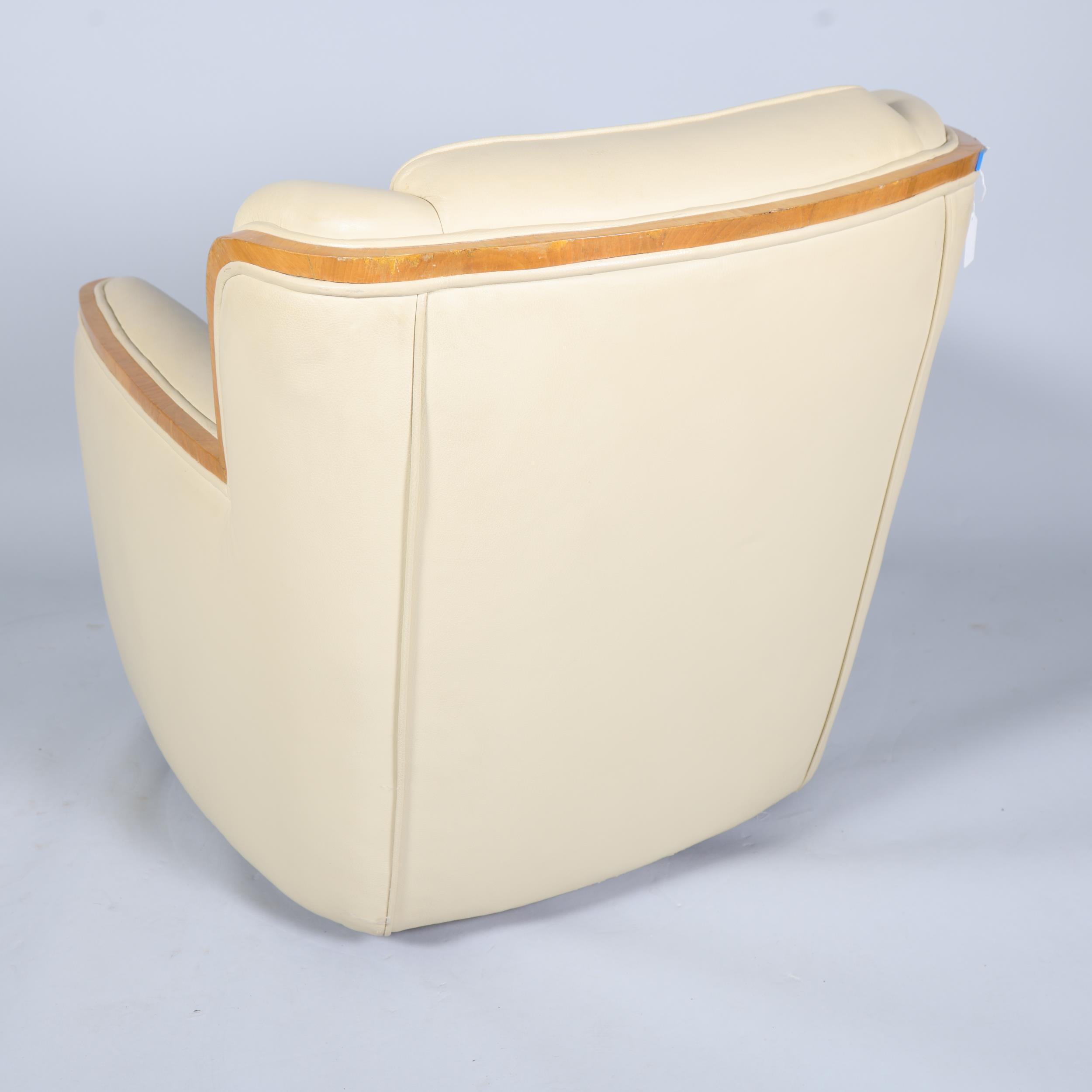 Art Deco cream leather upholstered armchair, with walnut show-wood surround, overall width 68cm - Image 2 of 4
