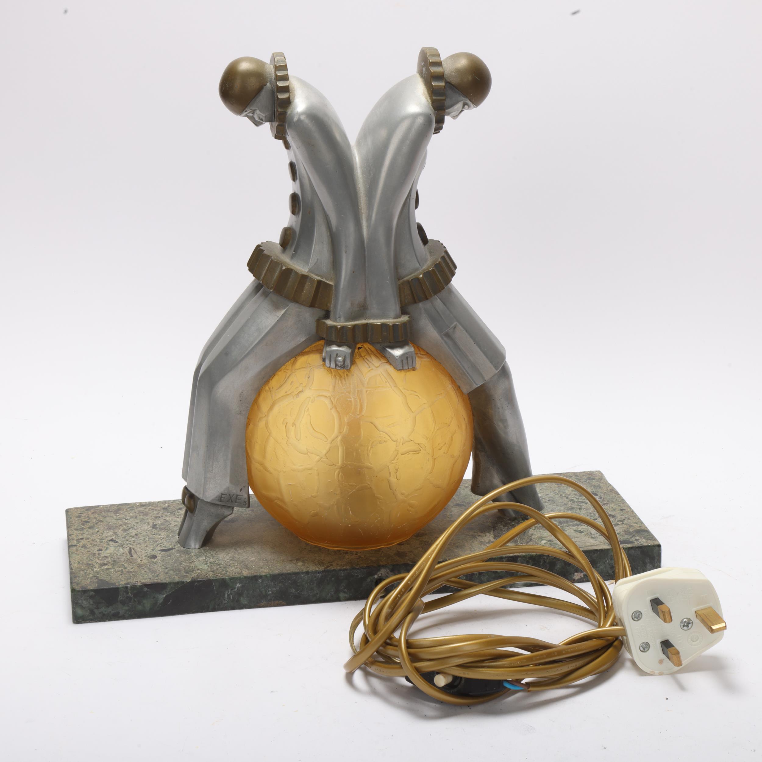 Art Deco aluminium and brass Pierrot clown design table lamp, with amber glass ball shade and marble - Image 2 of 3