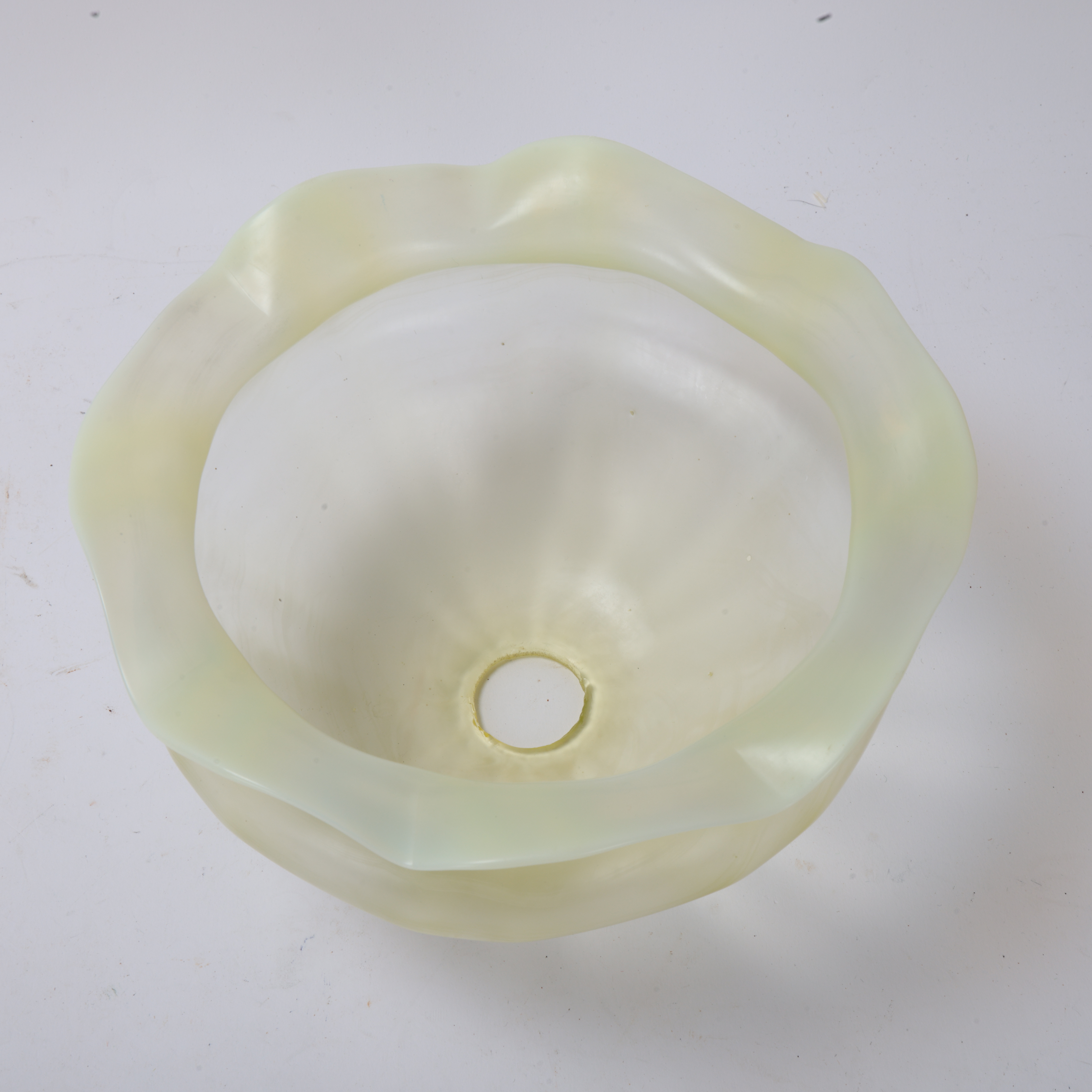 Art Nouveau vaseline glass shade with frilled edge, diameter 19.5cm Good condition, no chips - Image 2 of 3