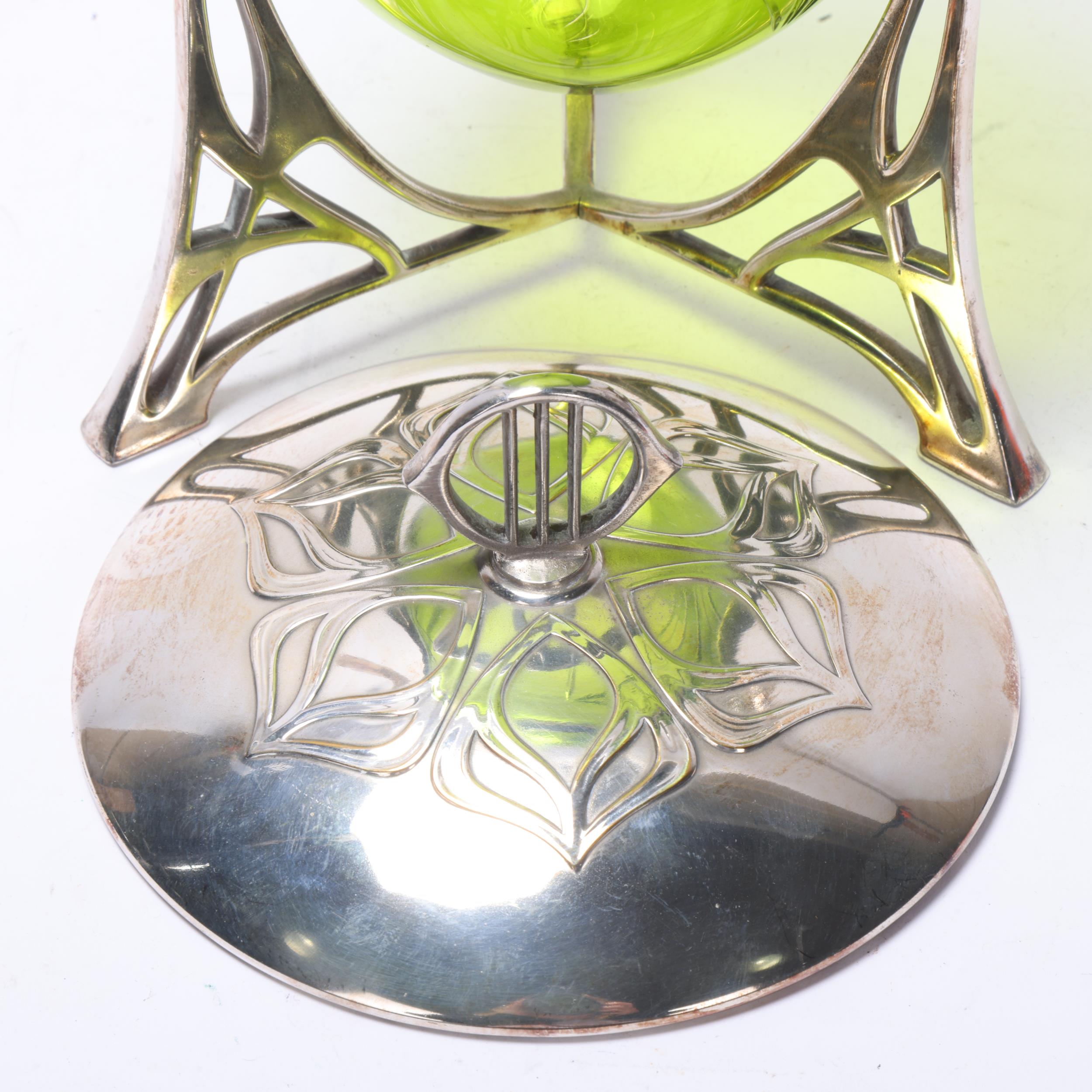 WMF Art Nouveau electroplate and green glass biscuit box, circa 1906, with 3 ring handles and - Image 2 of 3