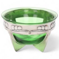 Art Nouveau relief cast pewter bowl with green glass liner, no factory marks, diameter 13.5cm