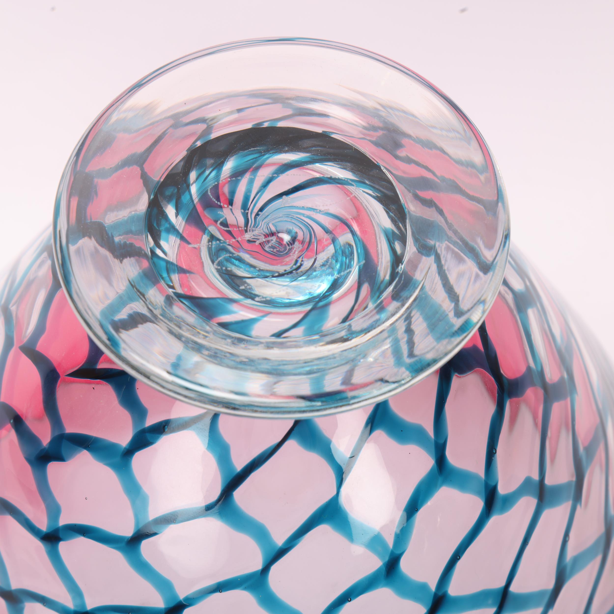 BOB CROOKS, a large footed studio glass bowl, with burgundy rim and turquoise lattice work, signed - Image 2 of 3