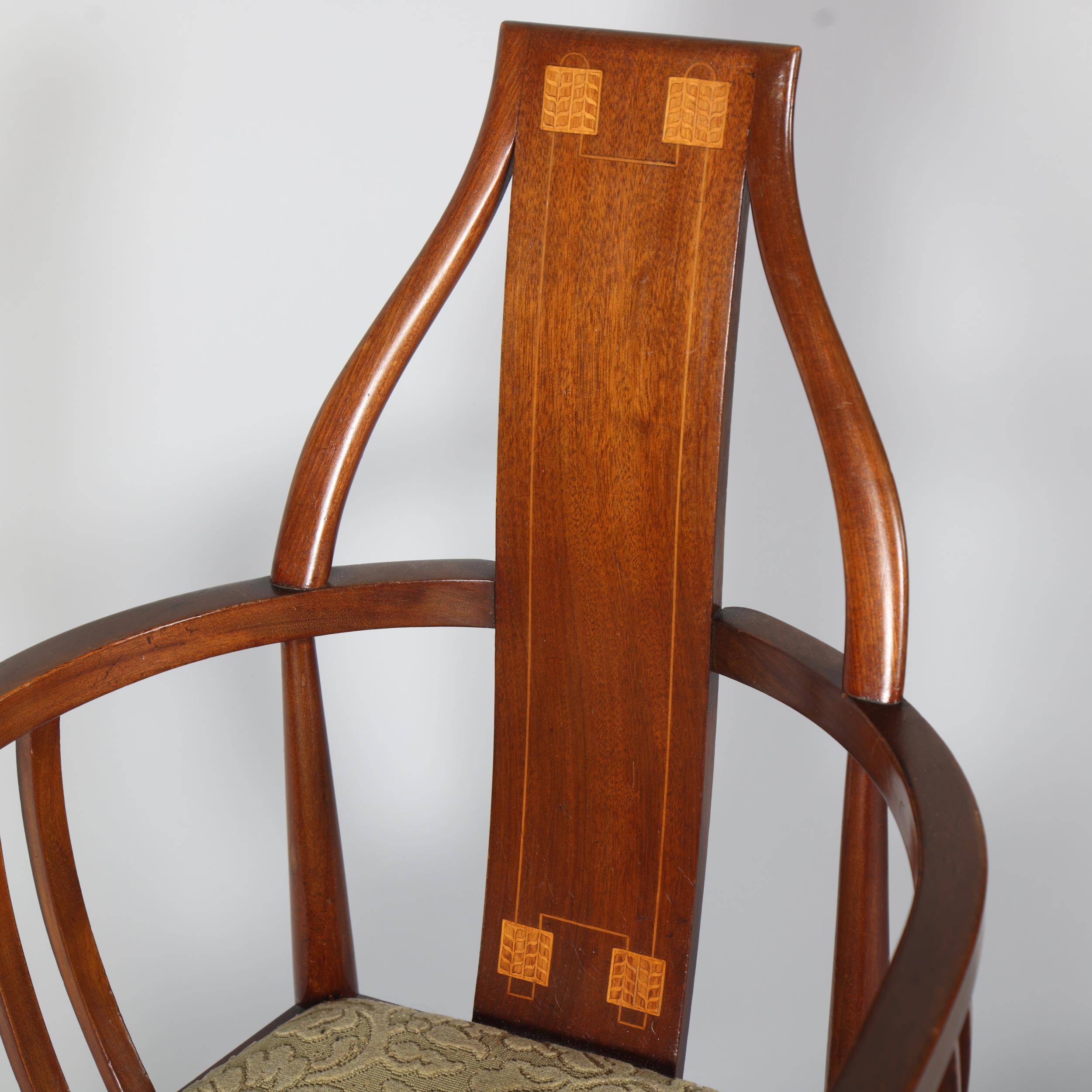 Scottish Art Nouveau mahogany bow-arm hall chair, with marquetry inlaid back, height 97cm - Image 2 of 5