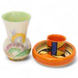 Clarice Cliff Bizarre, 3 pieces of Art Deco pottery, comprising small Viscaria pattern vase,