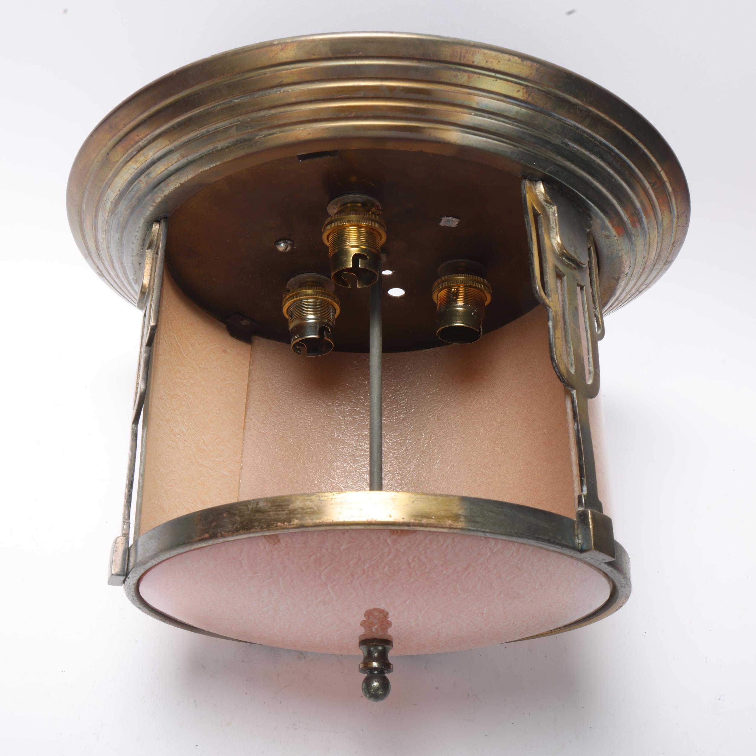 Art Deco brass-framed drum-shaped ceiling light fitting, with curved glass panels, height 22cm, - Image 3 of 3