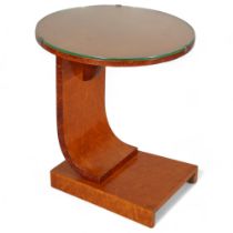 Art Deco maple circular occasional table, with glass top and platform base, top diameter 46cm,