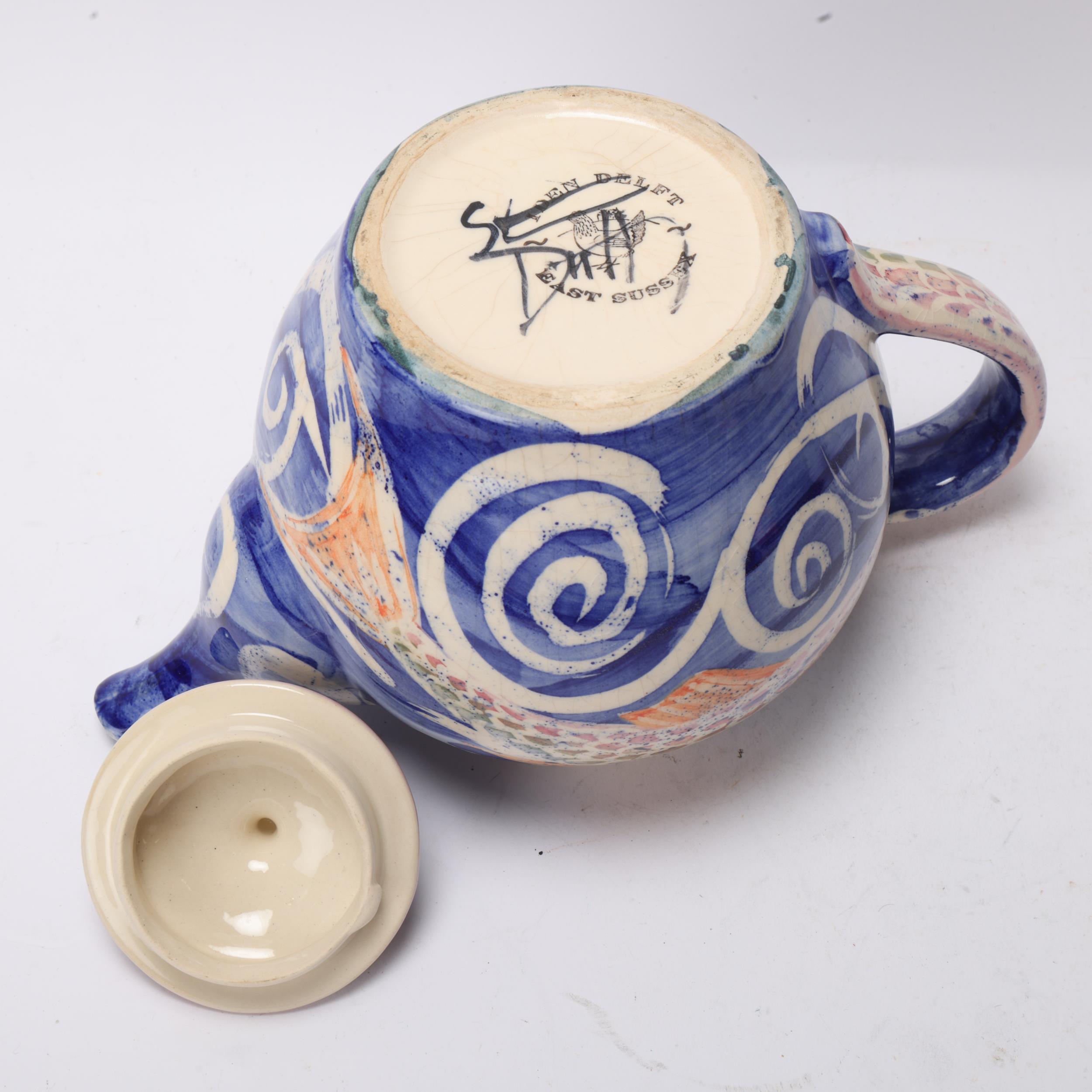 An Iden, East Sussex Delftware teapot, hand painted Mermaid and fish glaze, makers mark and signed - Image 3 of 3