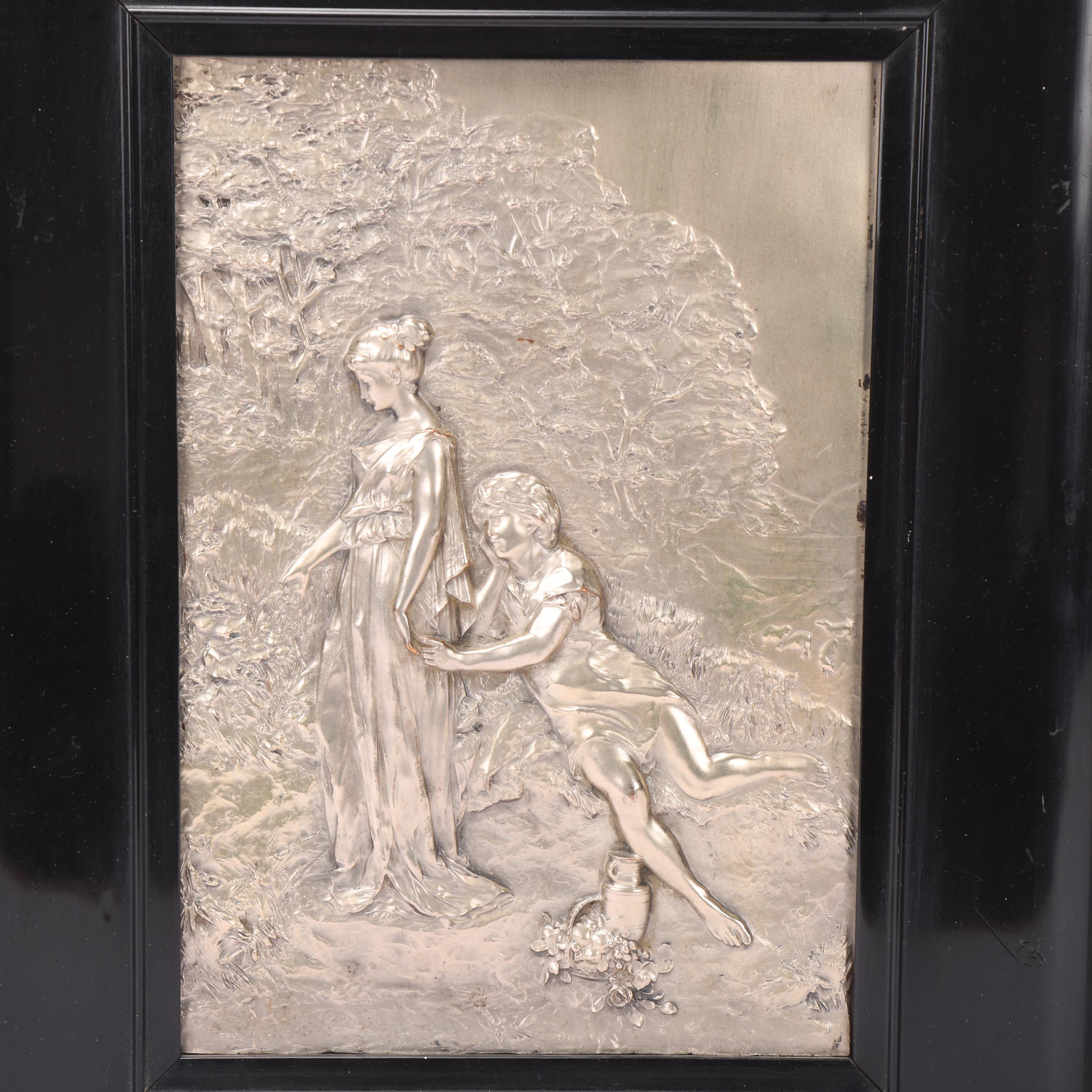 Art Nouveau silver plate on copper relief plaque, depicting lovers in a woodland, overall frame - Image 2 of 3