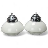 Pair of Art Deco hanging light fittings, with stepped milk glass shades and chrome mounts, overall