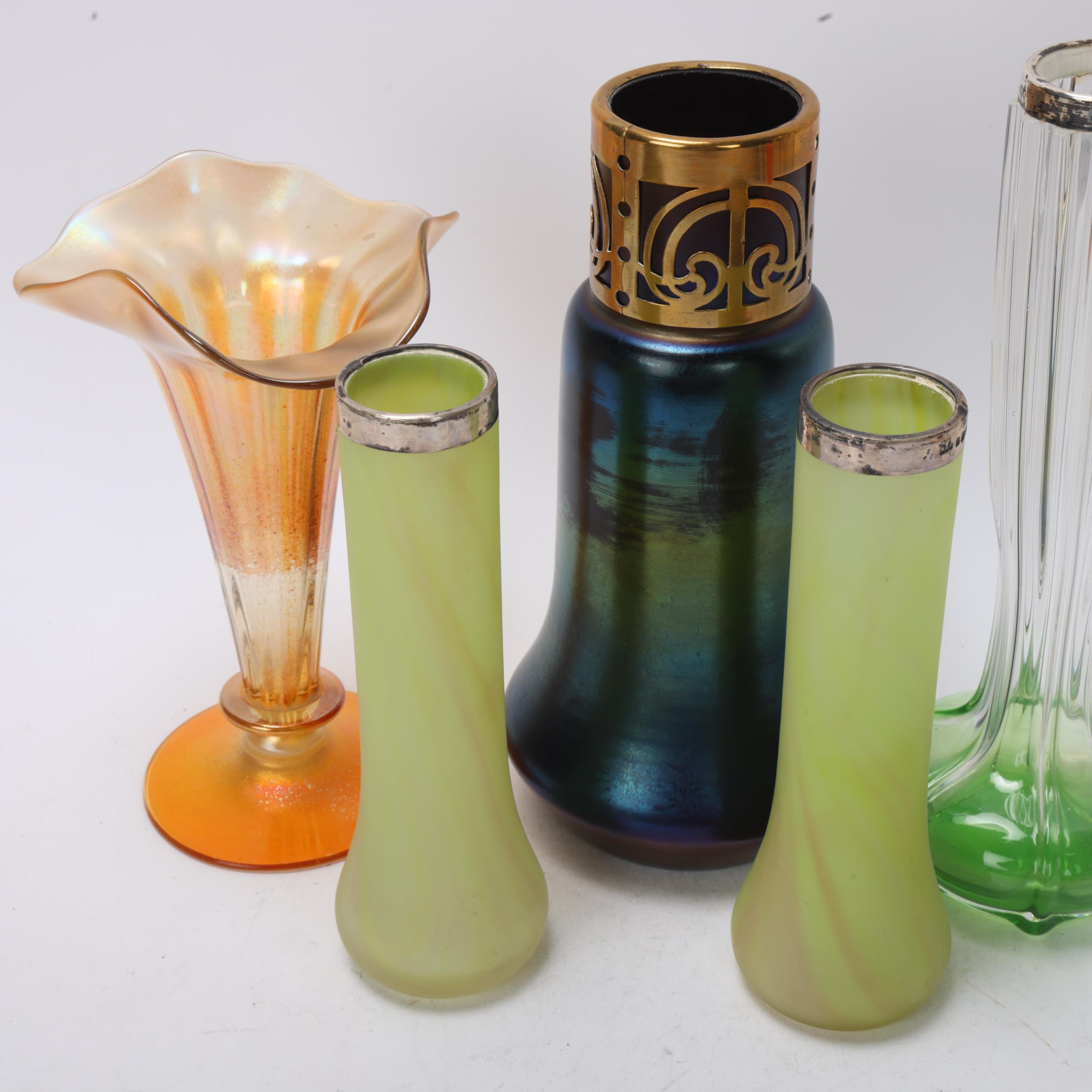 A group of Art Nouveau iridescent glass items, including a brass-mounted Loetz style vase, height - Image 2 of 3