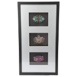 3 Art Nouveau enamelled and gem set buckles, mounted in good quality modern frame, overall frame