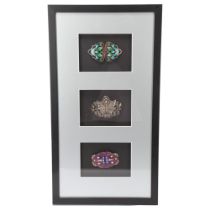 3 Art Nouveau enamelled and gem set buckles, mounted in good quality modern frame, overall frame