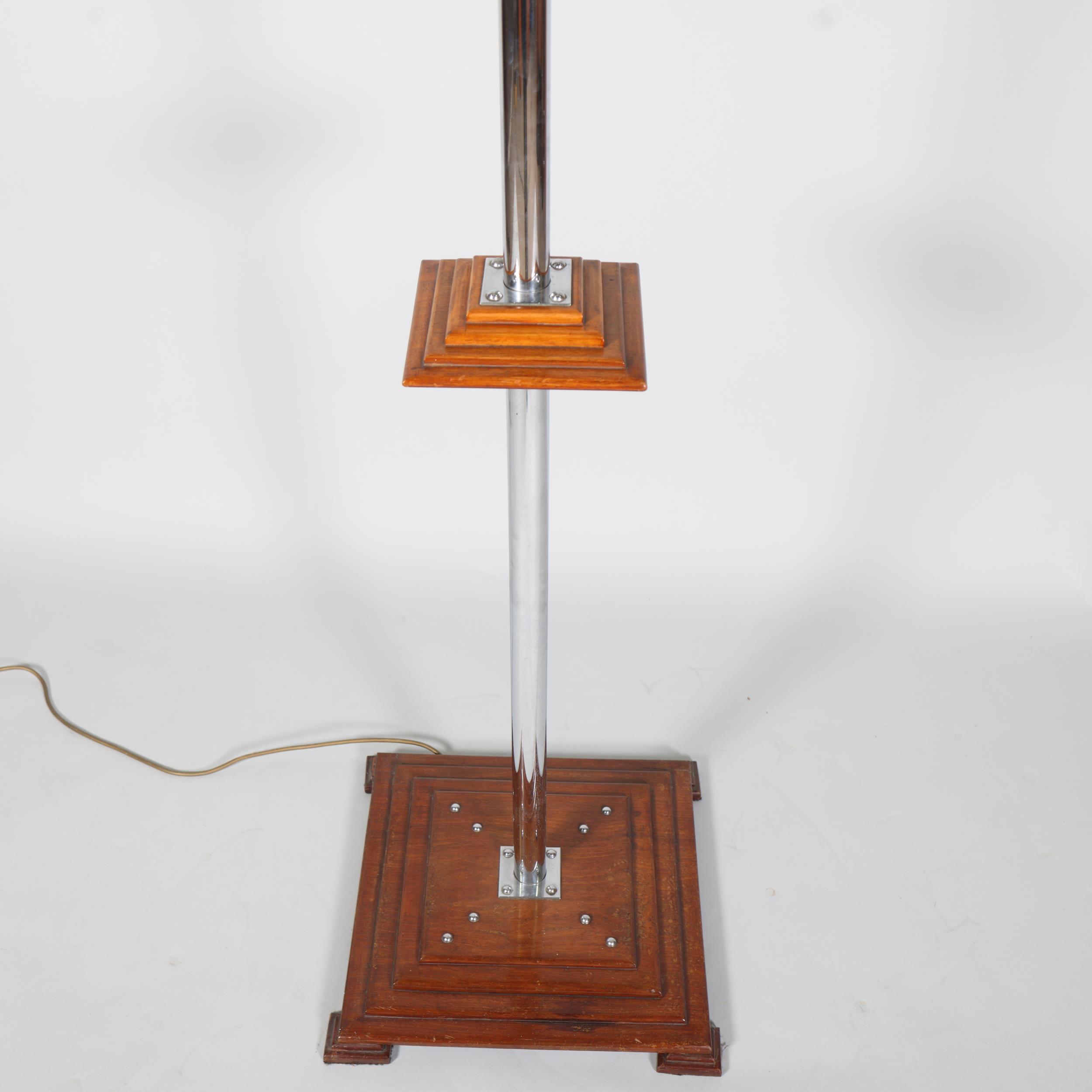 Art Deco chrome and stained wood standard lamp, circa 1920s, modern shade, overall height 168cm - Image 2 of 4