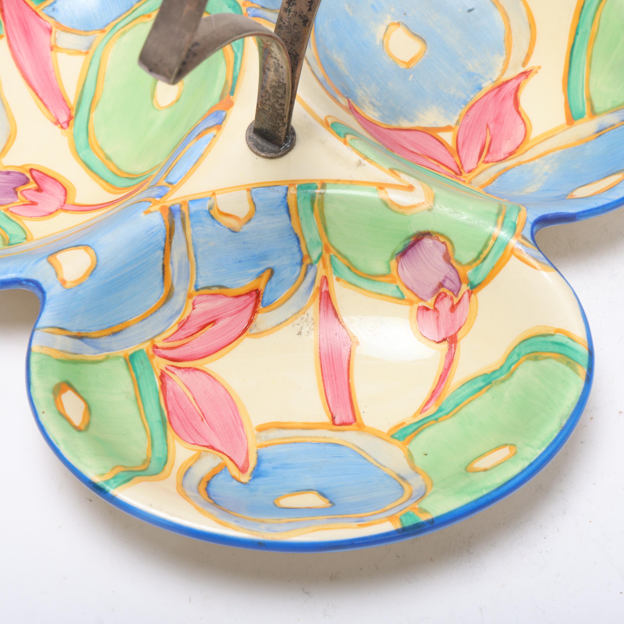 Clarice Cliff Bizarre Fantasque Blue Chintz 3-section hor d'oeuvres tray with plated handle, 22cm - Image 2 of 3