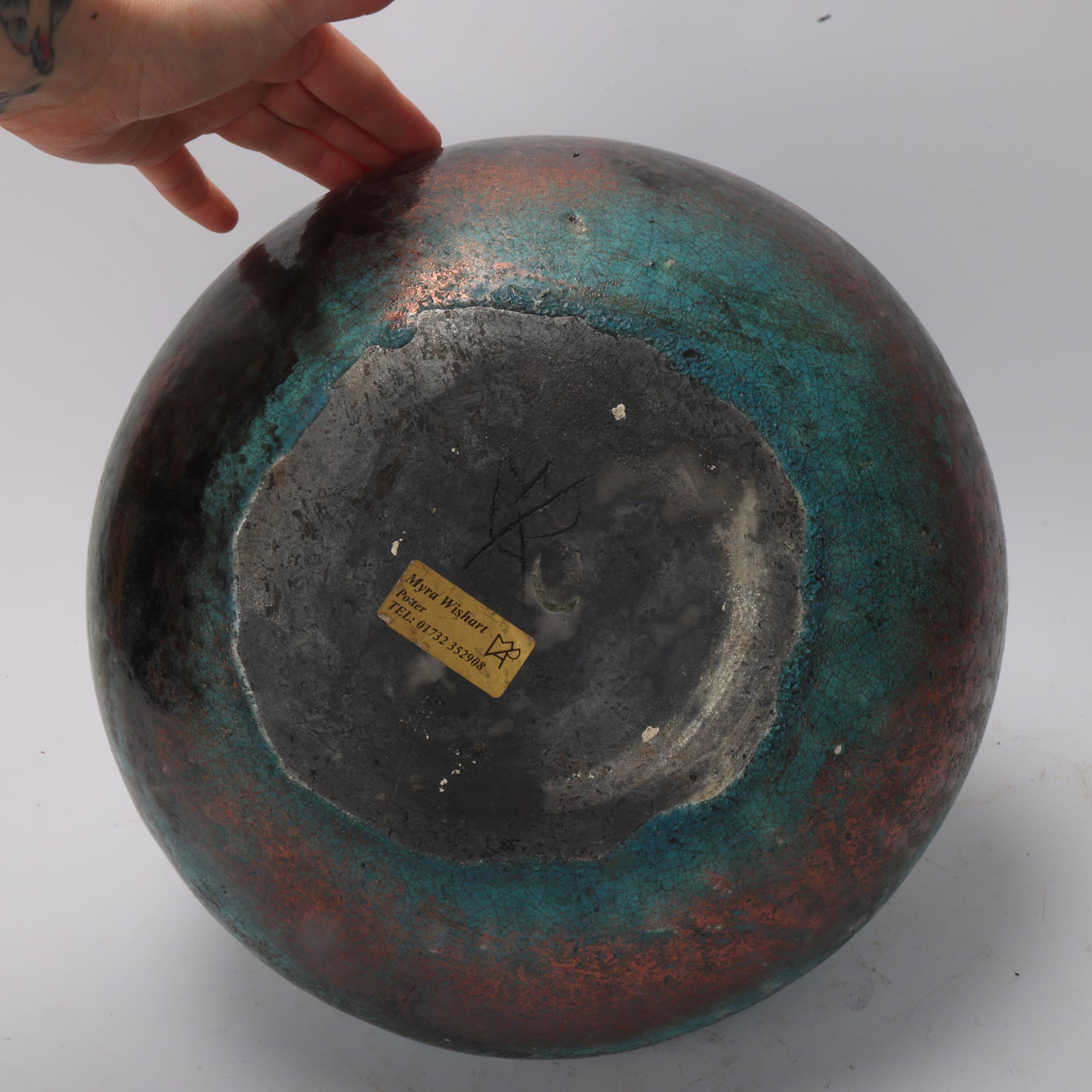 MYRA WISHART, a large raku studio pottery vase, with turquoise and lustre glaze, label and makers - Image 2 of 3