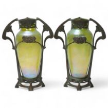 Pair of Loetz Art Nouveau patinated bronze and iridescent glass vases, height 28.5cm Good original