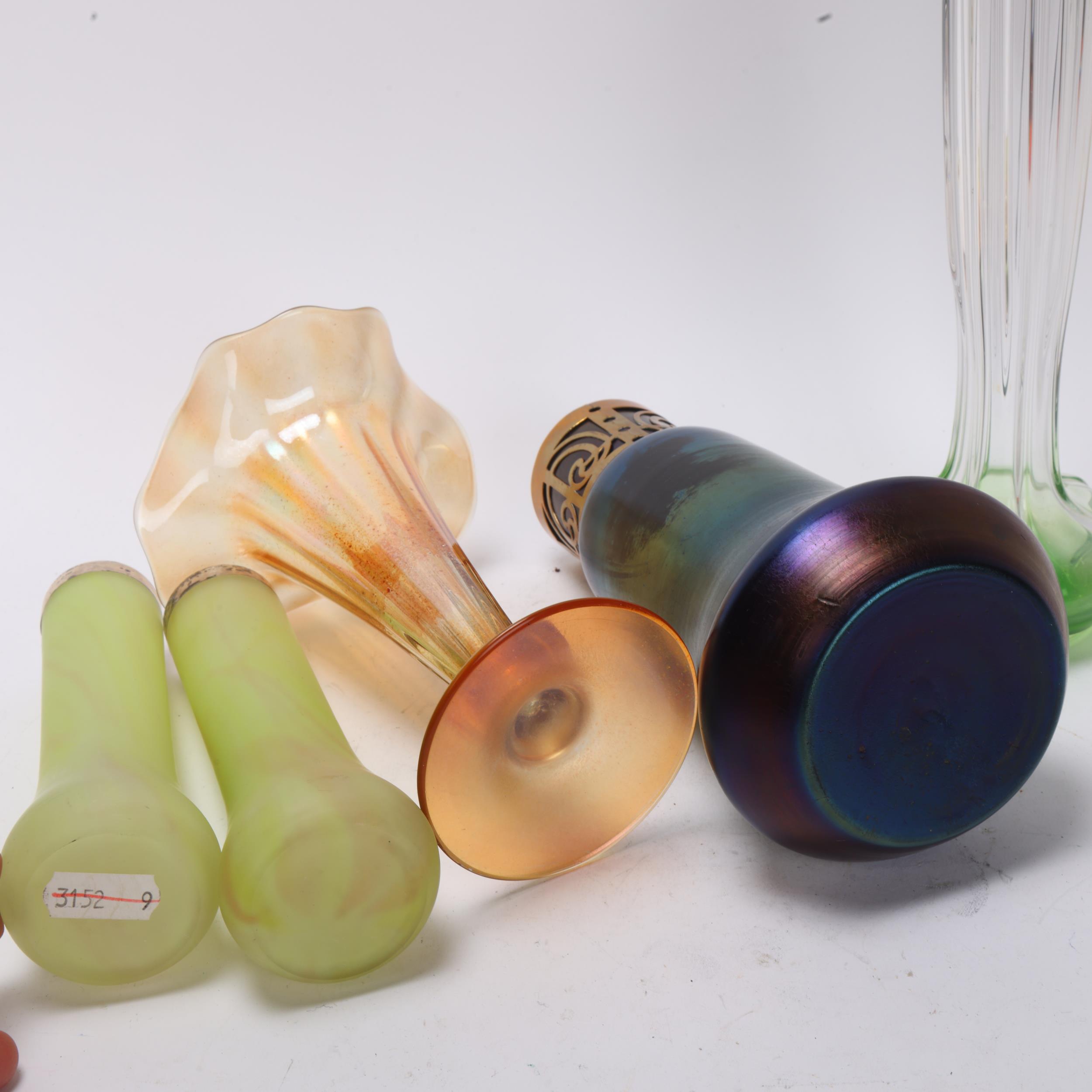 A group of Art Nouveau iridescent glass items, including a brass-mounted Loetz style vase, height - Image 3 of 3