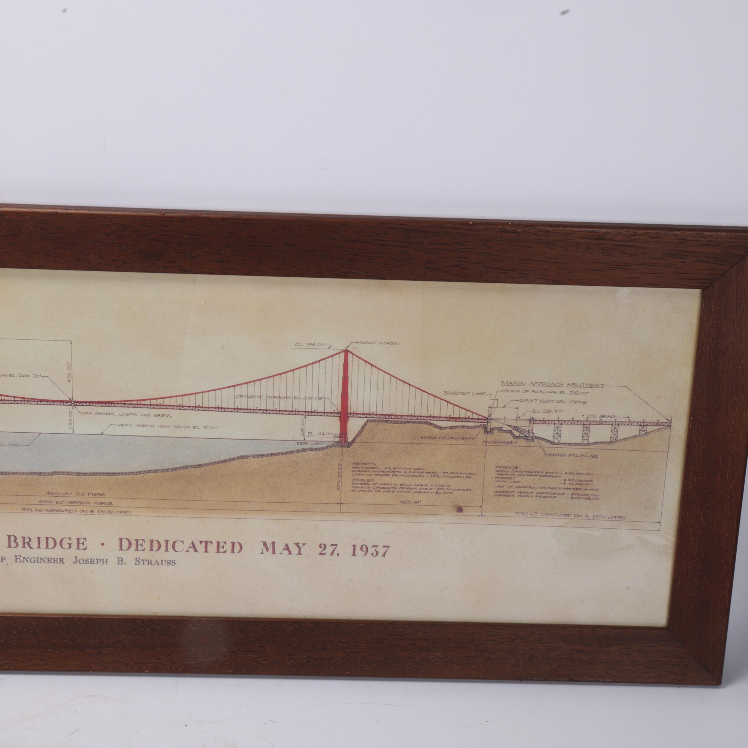 An architectural print of the Gold Gate Bridge, framed, 84x 25cm Good condition, some browning of - Image 2 of 3