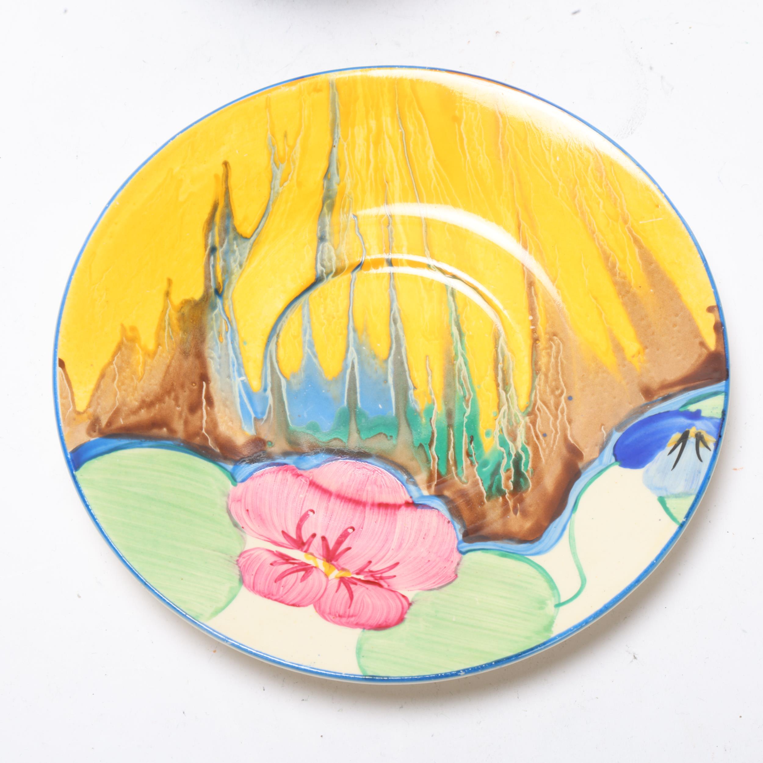 Clarice Cliff Delicia Pansies cup and saucer, saucer diameter 14.5cm Good condition, no chips cracks - Image 2 of 3