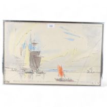 After LYONEL FEININGER, a print of boats in estuary on textured paper, dated 24.8.42, 54 x 34cm,